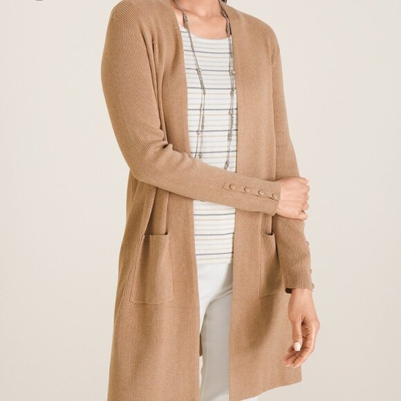 Chicos Petite Ribbed Front-Pocket Cardigan in Camel Brand Size 0P = 6P NWOT - Picture 1 of 10